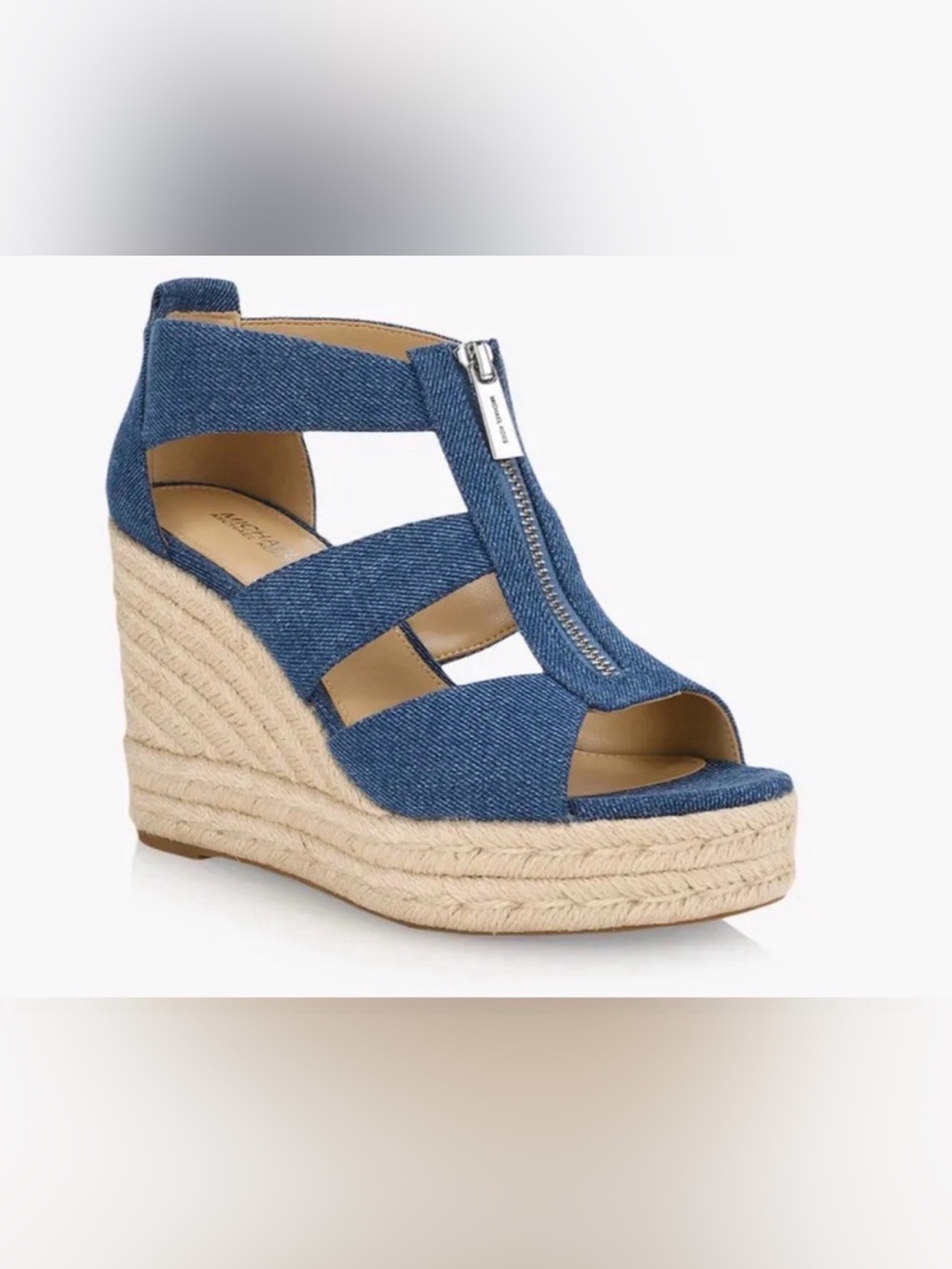 Michael Kors Denim Blue Damita Wedge Sandals with Front Zip